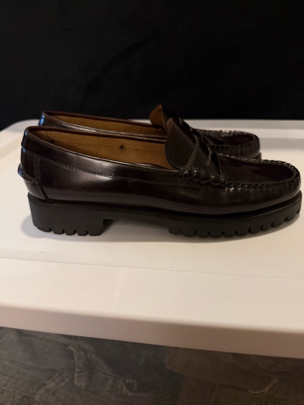 Women’s Dark Brown/burgundy Leather Loafers lug sole 8.5